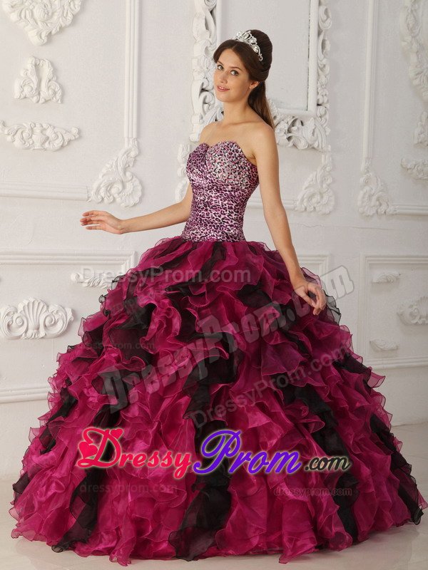 Fuchsia and Black Leopard Print Sweet Sixteen Quinceanera Dresses