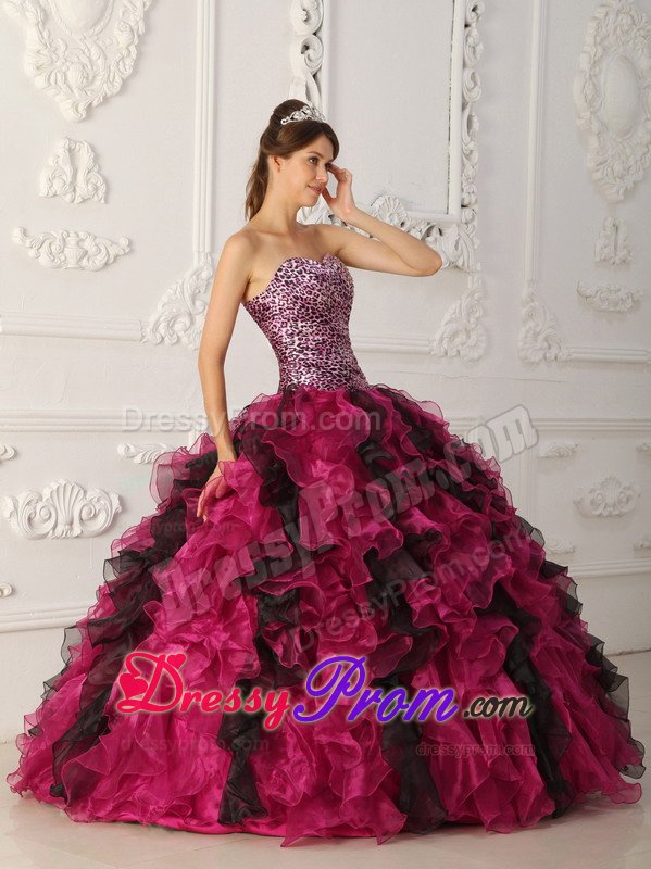 Fuchsia and Black Leopard Print Sweet Sixteen Quinceanera Dresses