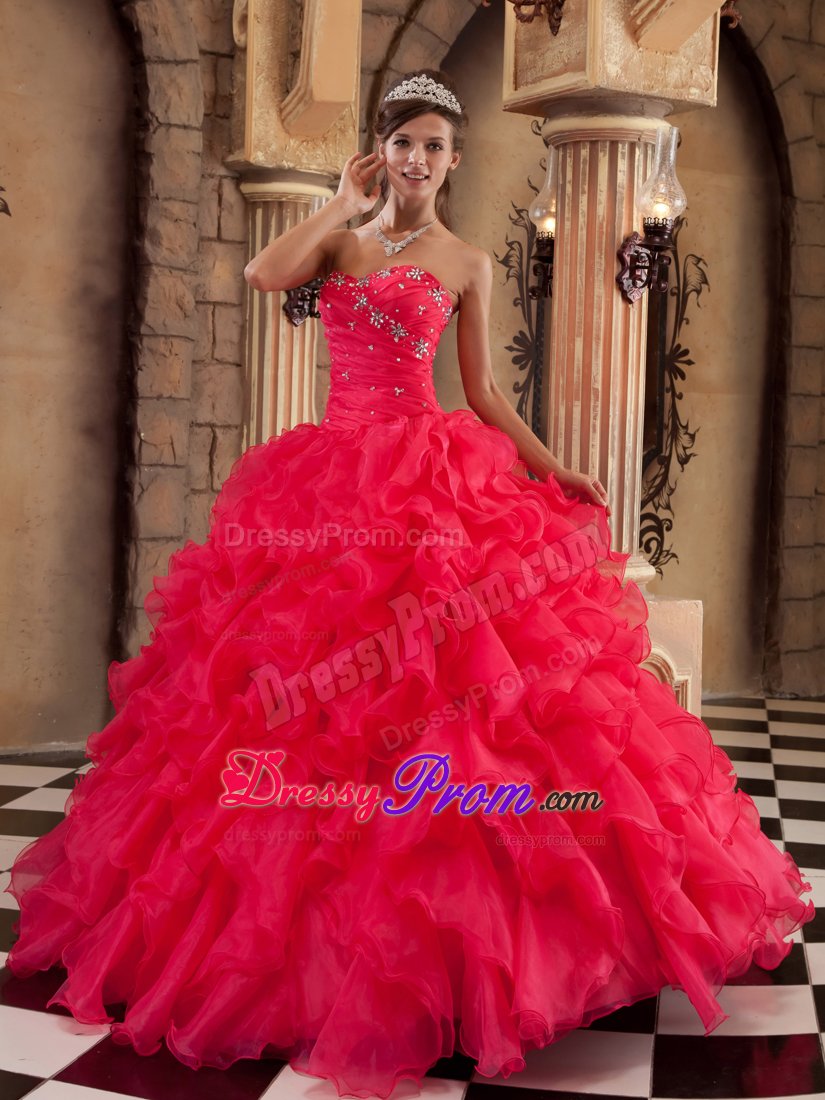 Coral Red Organza Quinceanera Dresses with Ruffles and Beading