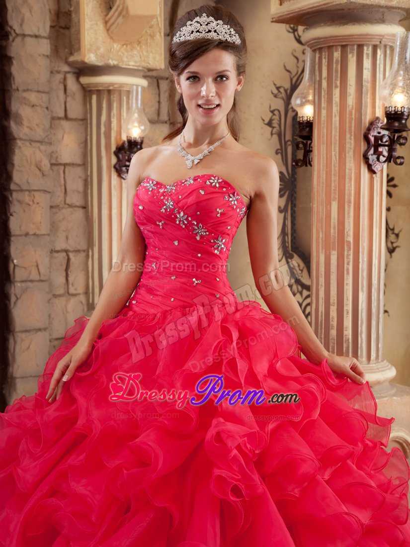 Coral Red Organza Quinceanera Dresses with Ruffles and Beading