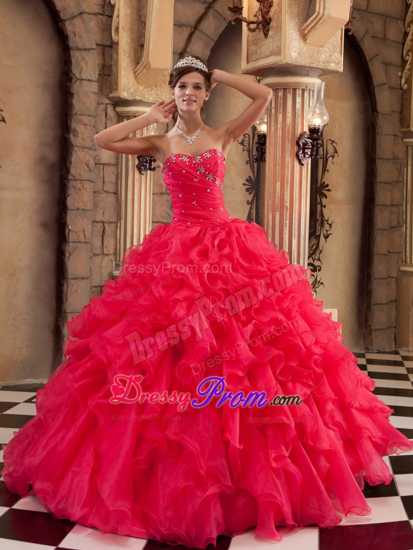 Coral Red Organza Quinceanera Dresses with Ruffles and Beading