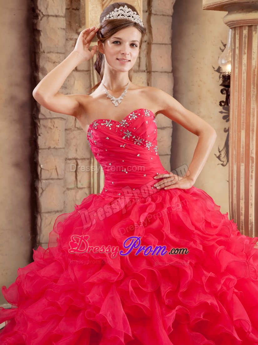 Coral Red Organza Quinceanera Dresses with Ruffles and Beading