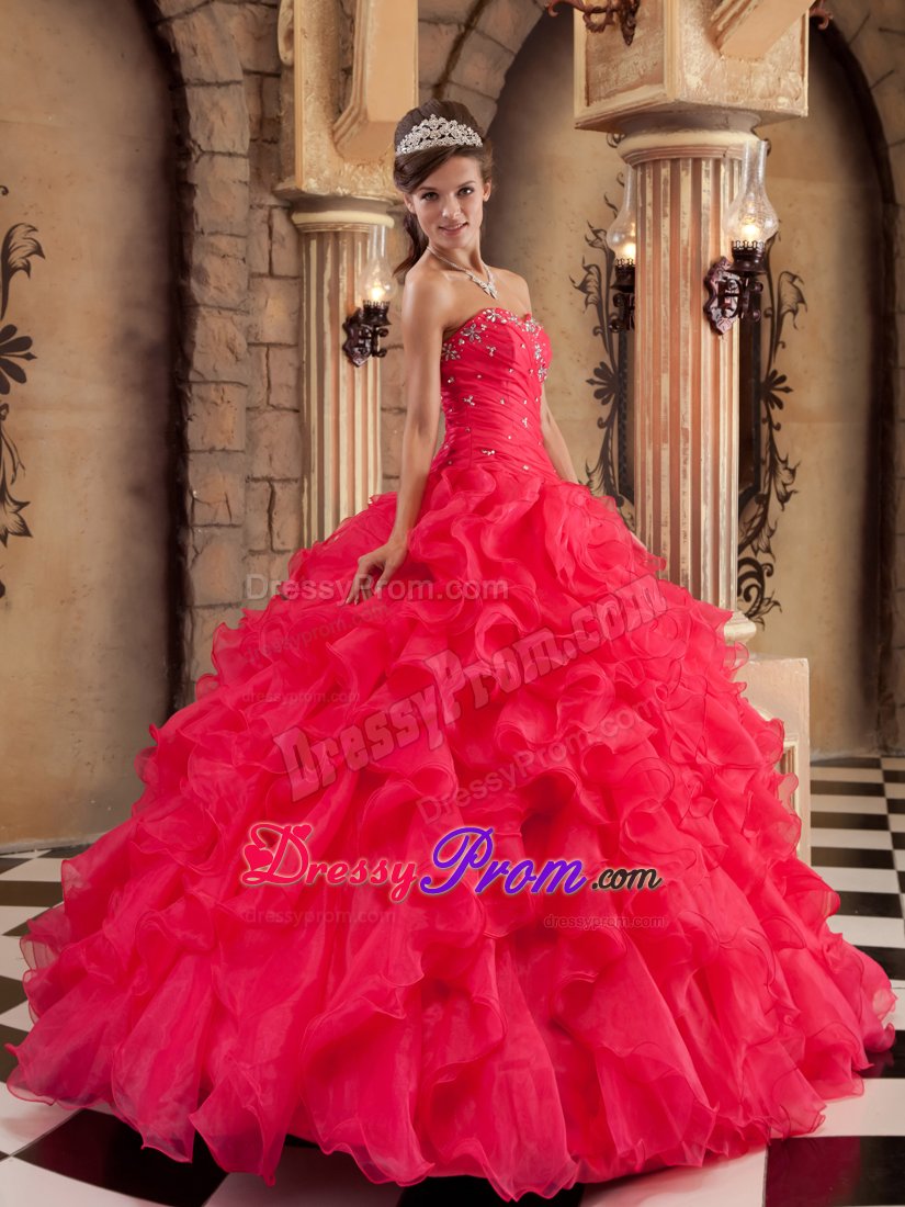 Coral Red Organza Quinceanera Dresses with Ruffles and Beading