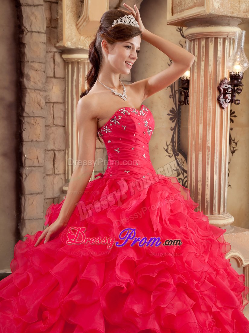 Coral Red Organza Quinceanera Dresses with Ruffles and Beading