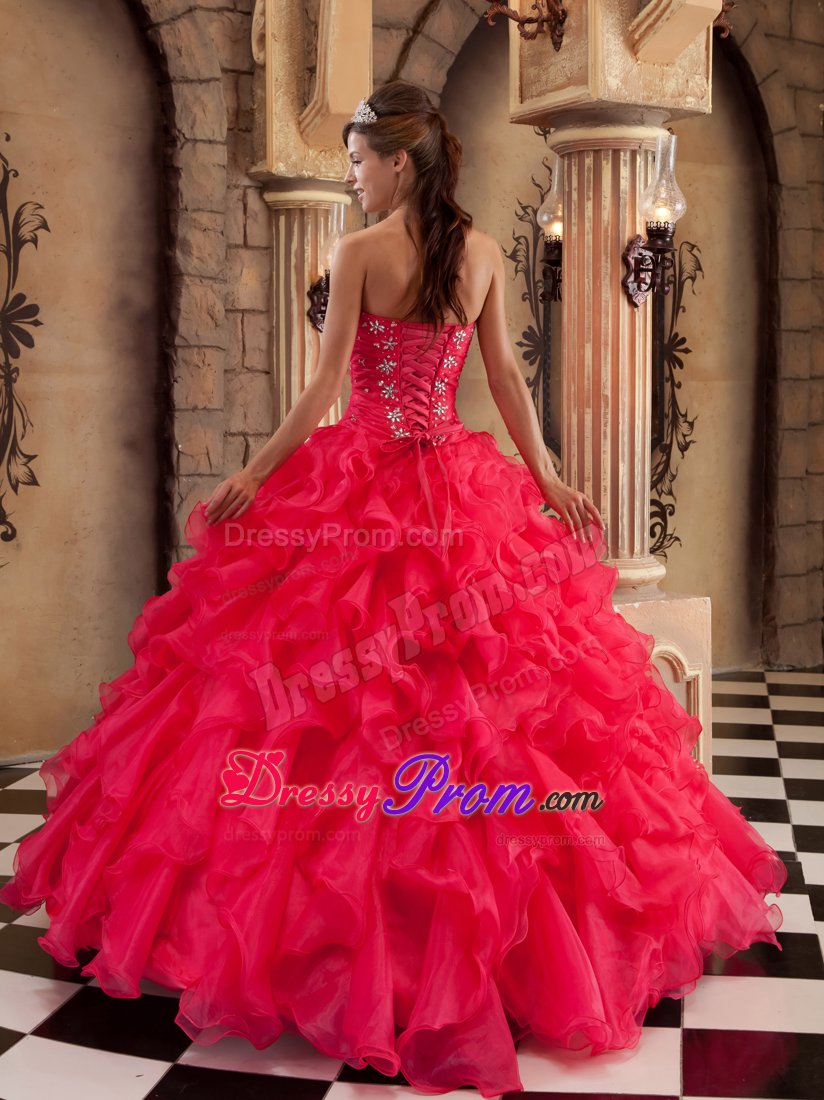 Coral Red Organza Quinceanera Dresses with Ruffles and Beading