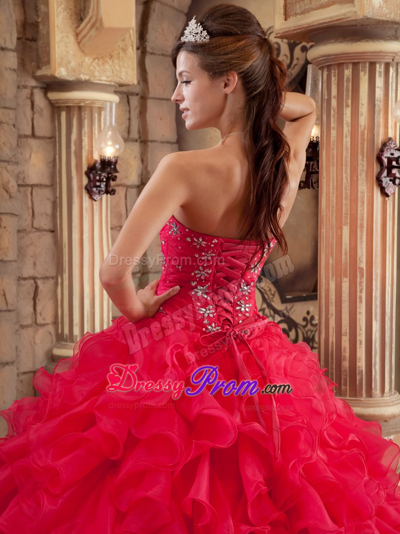 Coral Red Organza Quinceanera Dresses with Ruffles and Beading