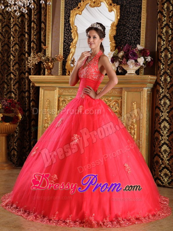 Sonoma CA Appliqued Halter Quinceanera Dresses in Coral Red