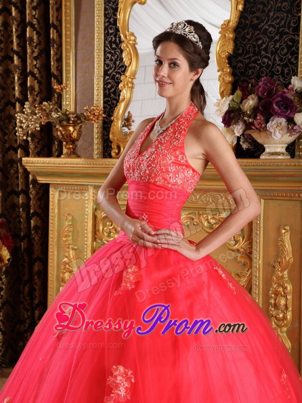 Sonoma CA Appliqued Halter Quinceanera Dresses in Coral Red