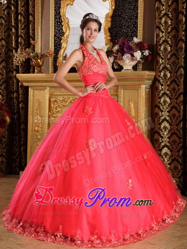 Sonoma CA Appliqued Halter Quinceanera Dresses in Coral Red
