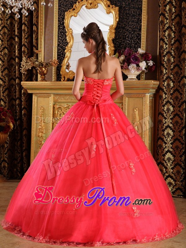 Sonoma CA Appliqued Halter Quinceanera Dresses in Coral Red