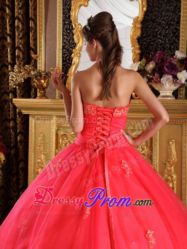 Sonoma CA Appliqued Halter Quinceanera Dresses in Coral Red