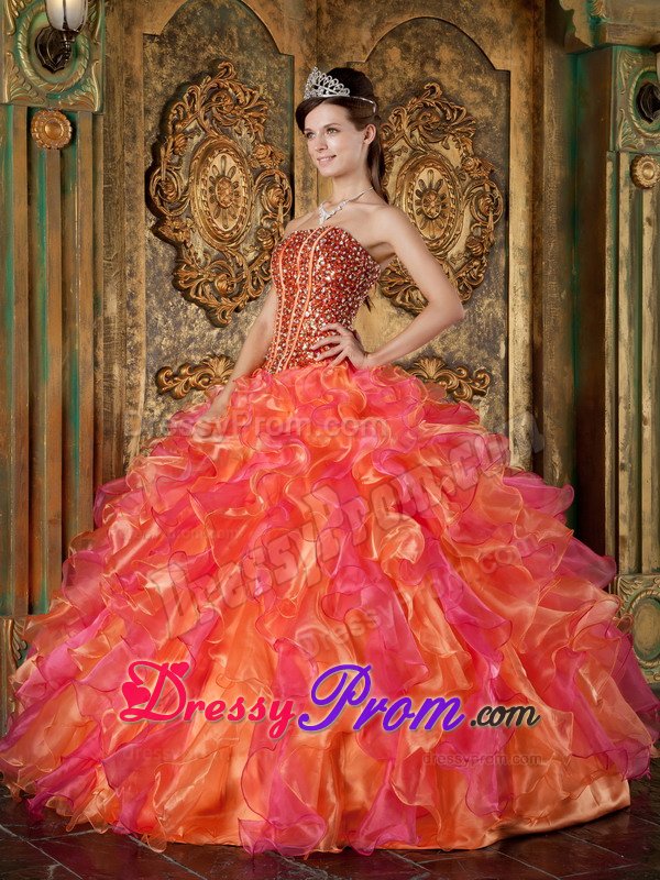Beading and Ruffles Accent Orange and Hot Pink Quinceanera Gown