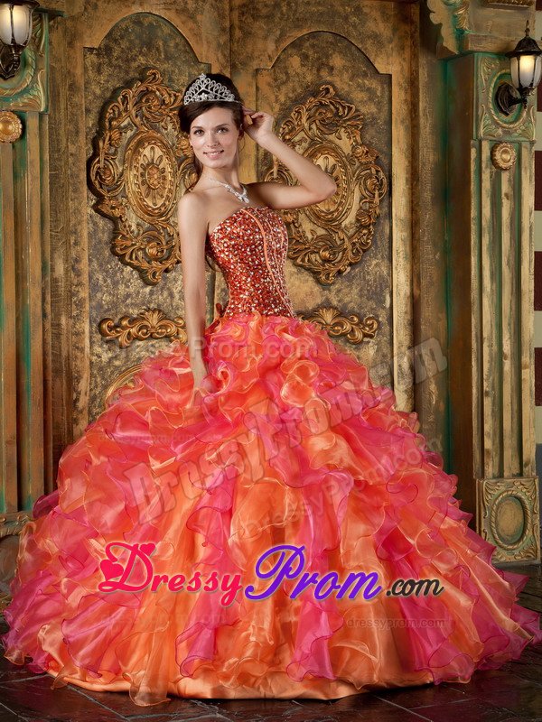 Beading and Ruffles Accent Orange and Hot Pink Quinceanera Gown