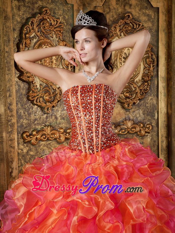 Beading and Ruffles Accent Orange and Hot Pink Quinceanera Gown