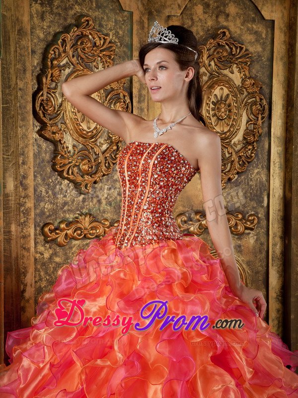 Beading and Ruffles Accent Orange and Hot Pink Quinceanera Gown