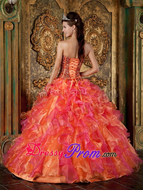 Beading and Ruffles Accent Orange and Hot Pink Quinceanera Gown