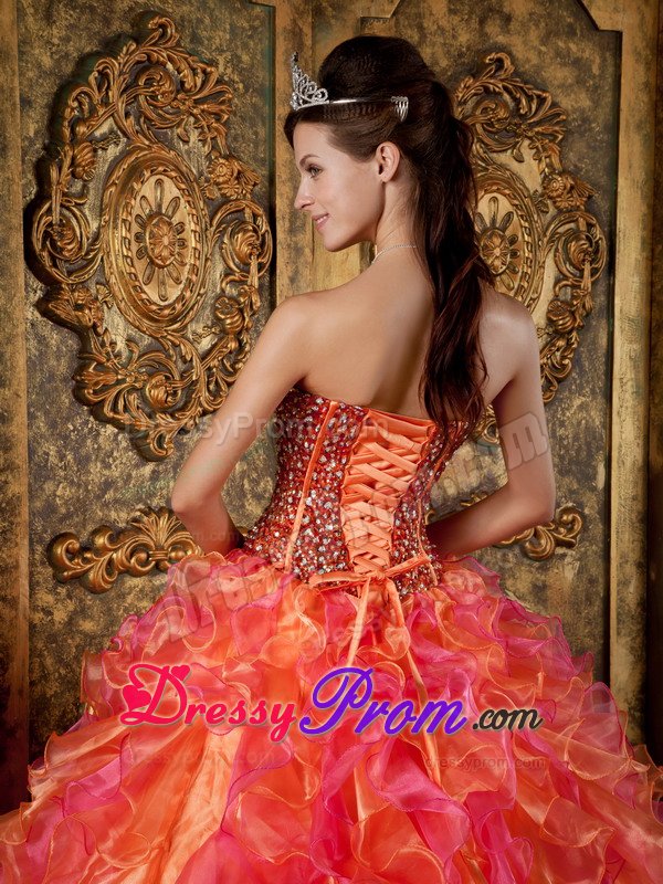 Beading and Ruffles Accent Orange and Hot Pink Quinceanera Gown