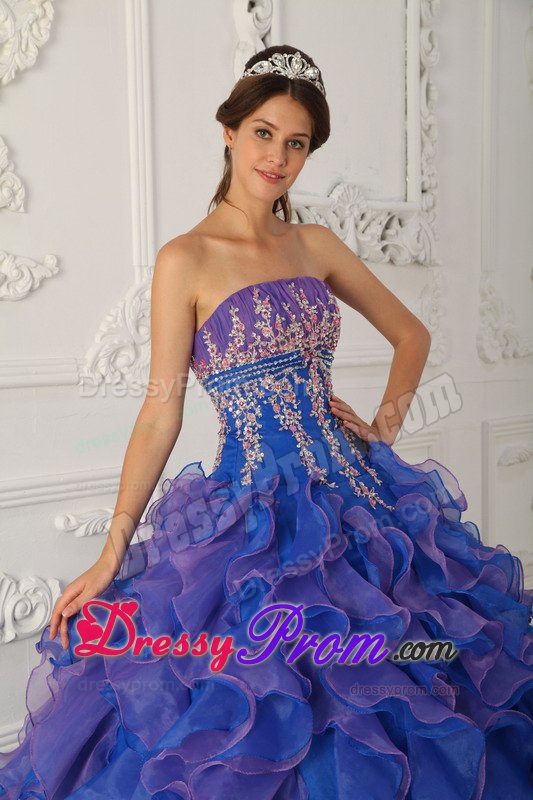 Blue and Lavender Quinceanera Gown Dresses with Ruffles Appliques