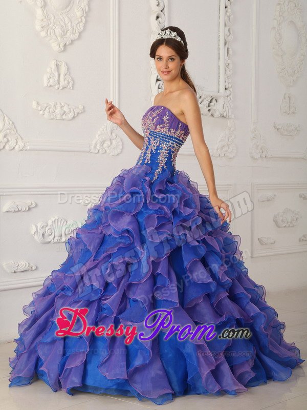 Blue and Lavender Quinceanera Gown Dresses with Ruffles Appliques