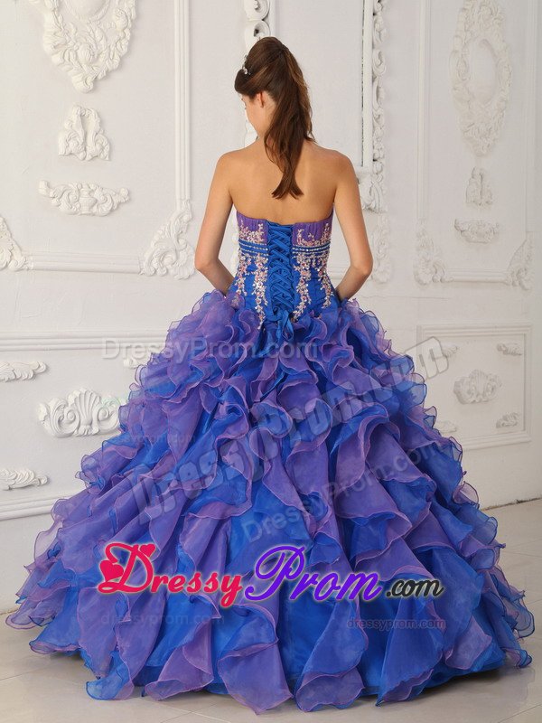 Blue and Lavender Quinceanera Gown Dresses with Ruffles Appliques