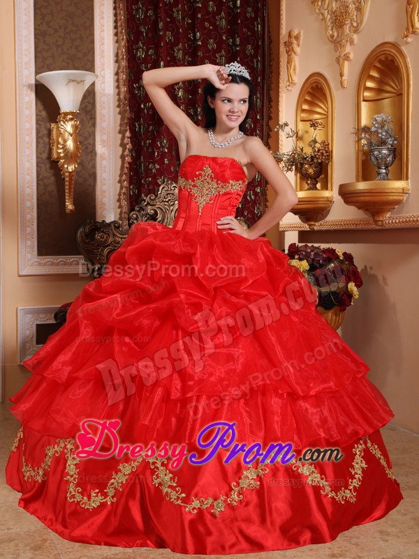 Gold Appliques and Pick ups Accent on Red Quinceanera Gown Dress
