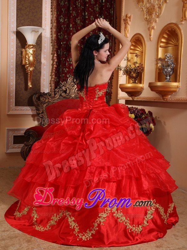 Gold Appliques and Pick ups Accent on Red Quinceanera Gown Dress