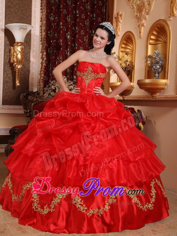 Gold Appliques and Pick ups Accent on Red Quinceanera Gown Dress