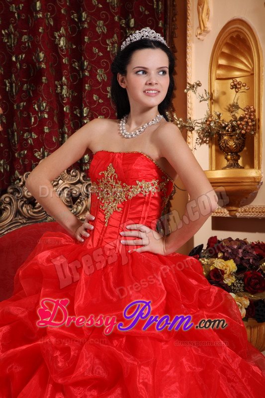 Gold Appliques and Pick ups Accent on Red Quinceanera Gown Dress