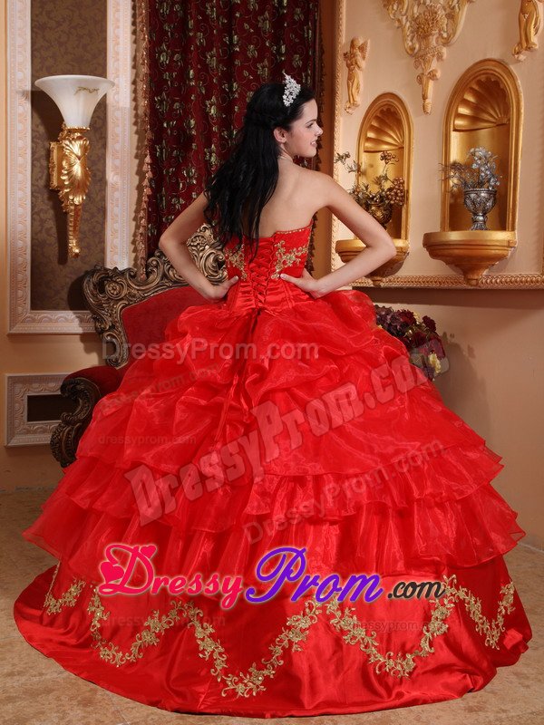 Gold Appliques and Pick ups Accent on Red Quinceanera Gown Dress