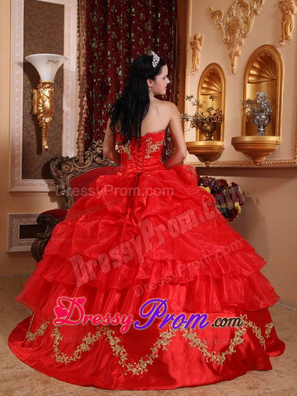 Gold Appliques and Pick ups Accent on Red Quinceanera Gown Dress
