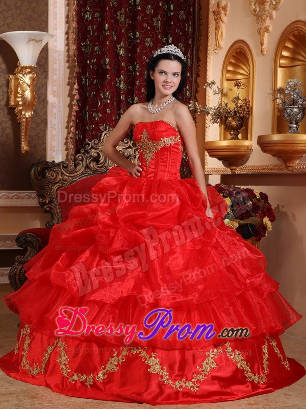 Gold Appliques and Pick ups Accent on Red Quinceanera Gown Dress