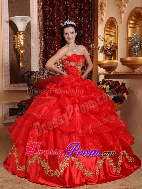 Gold Appliques and Pick ups Accent on Red Quinceanera Gown Dress