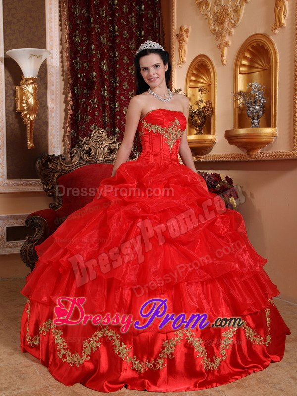 Gold Appliques and Pick ups Accent on Red Quinceanera Gown Dress