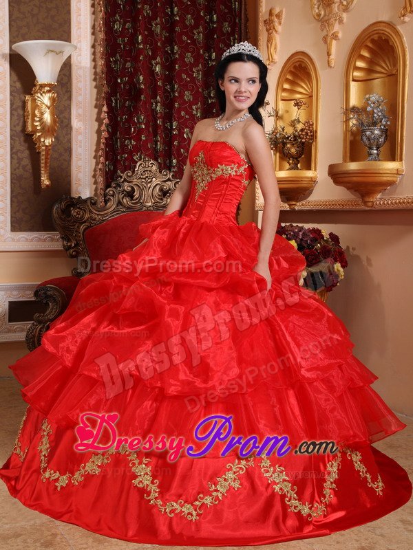 Gold Appliques and Pick ups Accent on Red Quinceanera Gown Dress