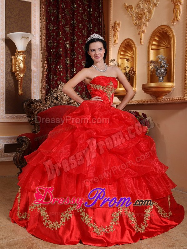Gold Appliques and Pick ups Accent on Red Quinceanera Gown Dress