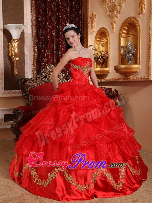 Gold Appliques and Pick ups Accent on Red Quinceanera Gown Dress