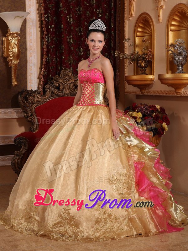 Ruffled Layers Accent Quinceanera Gown Dresses in Gold and Hot Pink