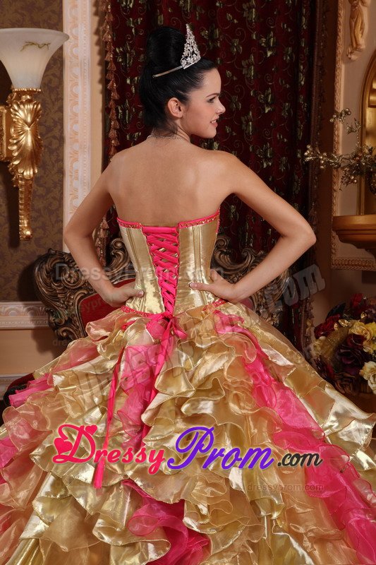 Ruffled Layers Accent Quinceanera Gown Dresses in Gold and Hot Pink