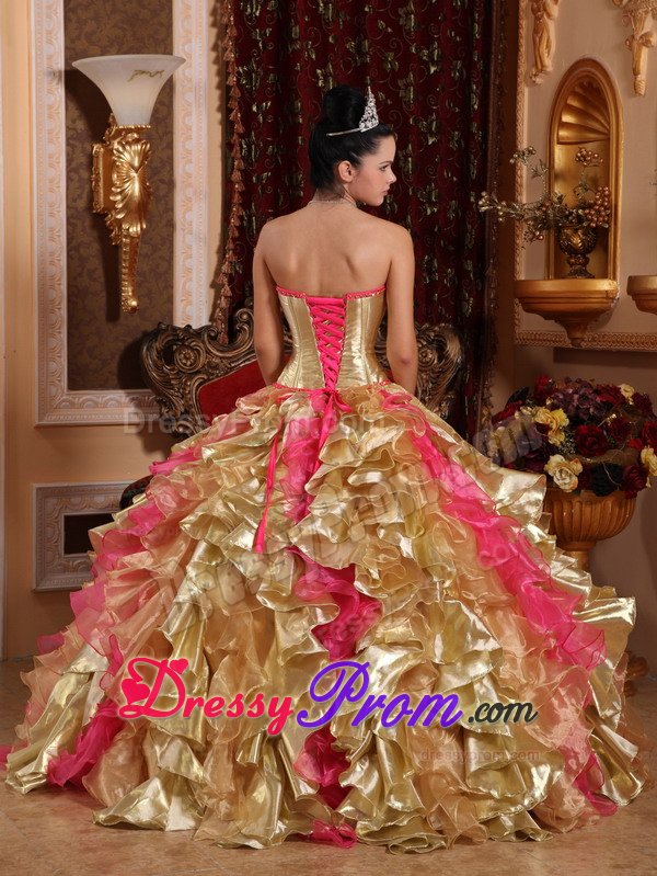 Ruffled Layers Accent Quinceanera Gown Dresses in Gold and Hot Pink
