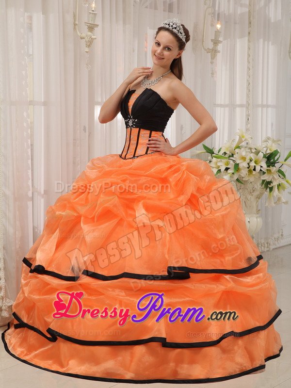 Orange and Black Organza Quinceanera Gown Dresses with Pick ups