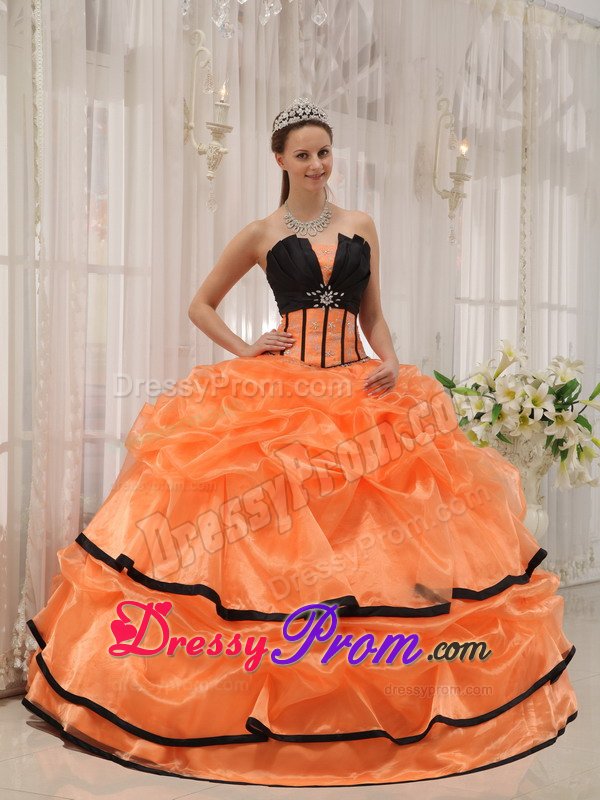 Orange and Black Organza Quinceanera Gown Dresses with Pick ups