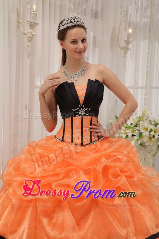 Orange and Black Organza Quinceanera Gown Dresses with Pick ups