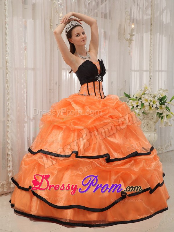 Orange and Black Organza Quinceanera Gown Dresses with Pick ups