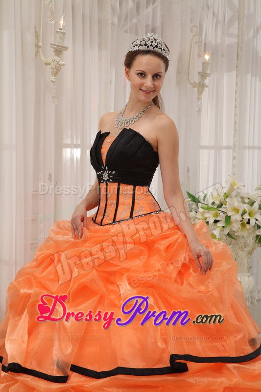 Orange and Black Organza Quinceanera Gown Dresses with Pick ups