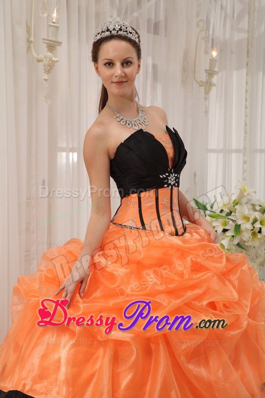 Orange and Black Organza Quinceanera Gown Dresses with Pick ups