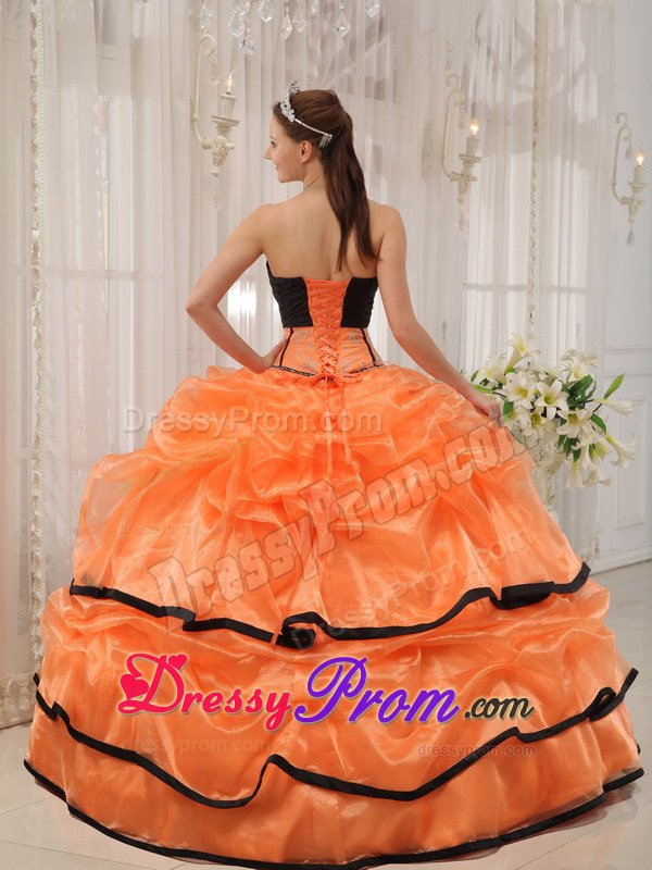 Orange and Black Organza Quinceanera Gown Dresses with Pick ups