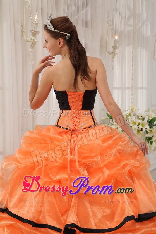 Orange and Black Organza Quinceanera Gown Dresses with Pick ups