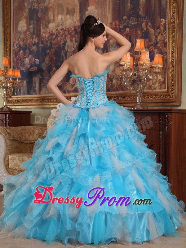 Appliqued Aqua Blue Sweet 15 Dresses with Organza Ruffles