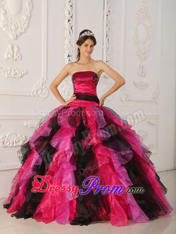 Black and Hot Pink Sweet 15 Dresses with Appliques and Ruffles
