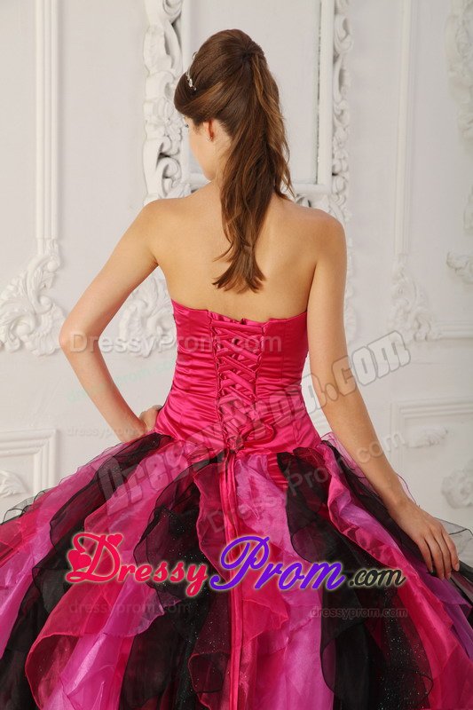 Black and Hot Pink Sweet 15 Dresses with Appliques and Ruffles
